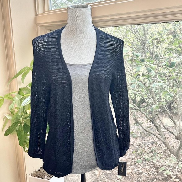 Thalia Sodi NWT large Black Pointelle mesh shrug 3/4 sleeves cardigan - Picture 1 of 8